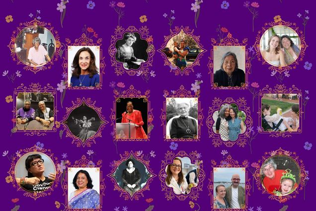 A digital collage features a deep purple background adorned with floral elements and an array of framed portraits of diverse women. The portraits include historical and contemporary figures, depicted in both color and black-and-white photographs. The ornate frames have intricate gold and pink patterns, giving the collage a celebratory and elegant look. The women in the images appear in various settings, including professional, academic, artistic, and personal environments, showcasing different eras, ethnicities, and roles. The overall design suggests a tribute to women's achievements and contributions, possibly in recognition of Women's History Month.