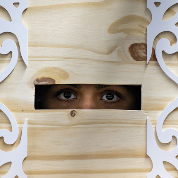 A pair of expressive eyes peer through a narrow rectangular slit in a light-colored wooden panel. The panel features decorative white cut-out patterns on either side, adding an ornate touch. The wood grain and knots are visible, giving the panel a natural, unfinished look. The gaze from behind the panel appears focused and intense, conveying curiosity or contemplation.