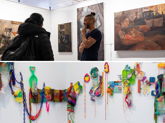 Composite image featuring two art exhibition scenes. The top half shows two people viewing figurative oil paintings on white gallery walls, including scenes of people in intimate, domestic settings. The bottom half displays a vibrant, mixed-media wall installation composed of colorful textiles, plastic chains, netting, and various found objects arranged in a linear, abstract composition.