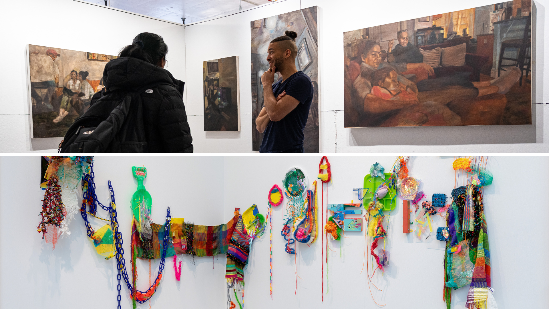 Composite image featuring two art exhibition scenes. The top half shows two people viewing figurative oil paintings on white gallery walls, including scenes of people in intimate, domestic settings. The bottom half displays a vibrant, mixed-media wall installation composed of colorful textiles, plastic chains, netting, and various found objects arranged in a linear, abstract composition.