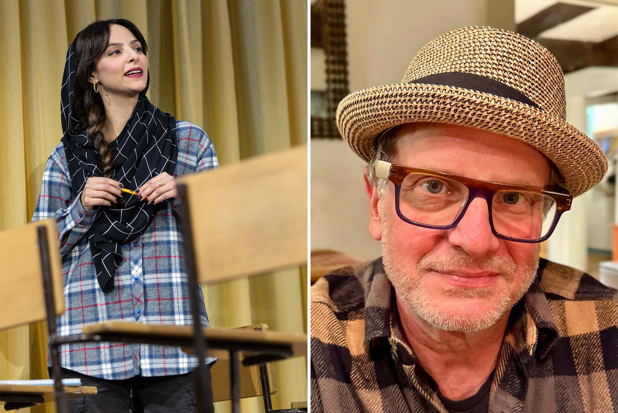 A split image featuring two individuals. On the left, actor Tala Ashe is standing with a slight smile, wearing a black scarf over her hair and a plaid shirt. She is holding a yellow pencil while standing near a wooden table and a backdrop of curtains. On the right, lighting designer Scott Zielinski is seated and wearing a straw hat with a black band. He is dressed in a plaid shirt and is looking toward the camera with a relaxed expression in a cozy indoor setting.
