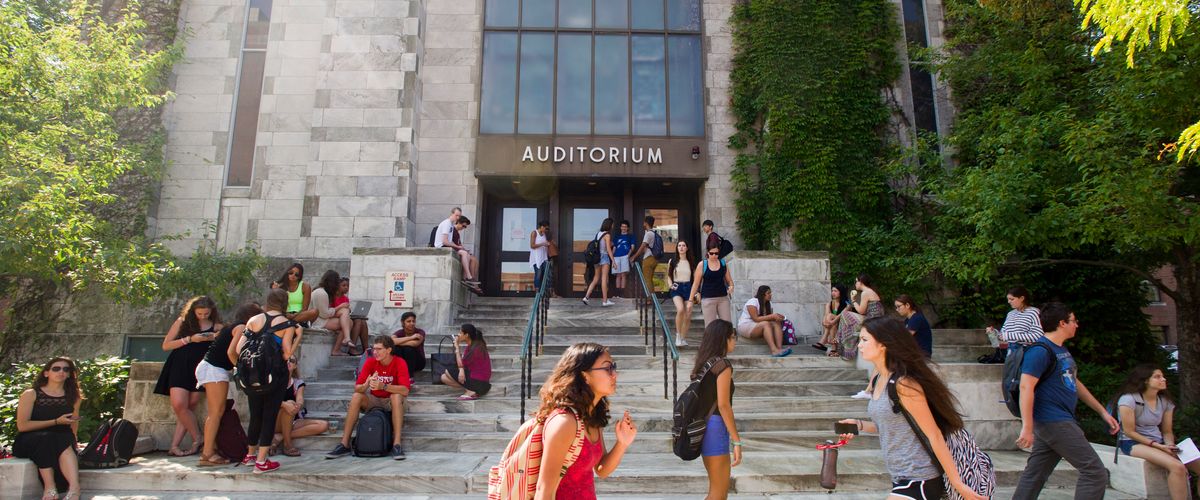 Students come and go from class outside Alfred L. Morse Auditorium in the morning.