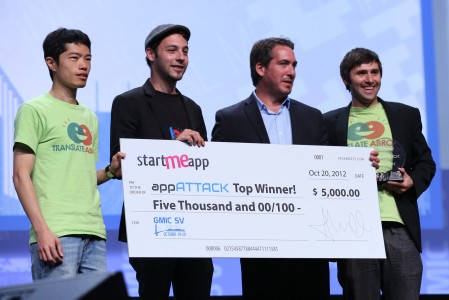 appAttack-449x300 At the Global Mobile Internet Conference, Waygo took top honors in the appAttack contest. Pictured from left are Huan-Yu Wu, Robert Sanchez, Alejandro Campos Carlés of StartMeApp, and Ryan Rogowski at the award ceremony.