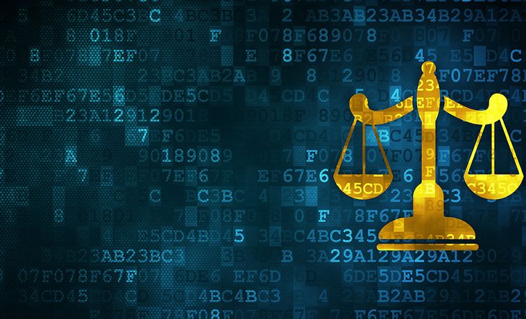 illustration of the scales of justice over a background of digital numbers.
