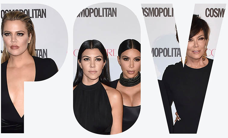 Khloe Kardashian, from left, Kourtney Kardashian, Kim Kardashian, Kris Jenner and Kylie Jenner arrive at Cosmopolitan magazine's 50th birthday celebration on Oct. 12, 2015, in West Hollywood, Calif. The Kardashians are promising an all-access pass into their lives, again, when they hit screens April 14 with a new reality series, "The Kardashians," this time on Hulu. (Photo by Jordan Strauss/Invision/AP, File). The letters "POV" are overlayed on top of the image.