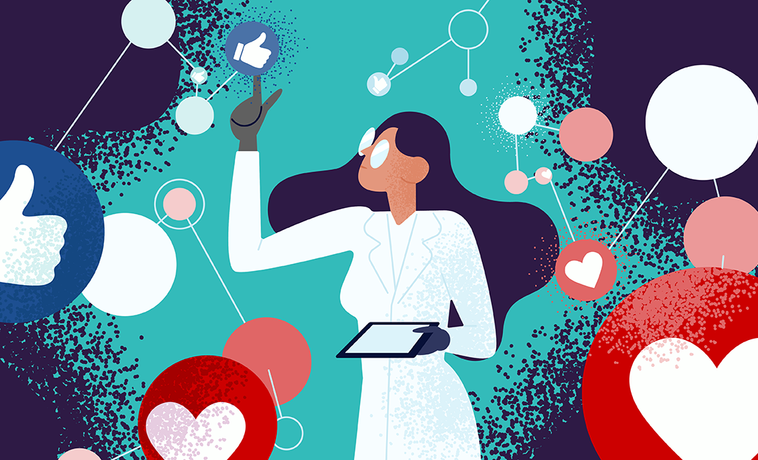 Drawing of woman holding a tablet while surrounded by social media icons.