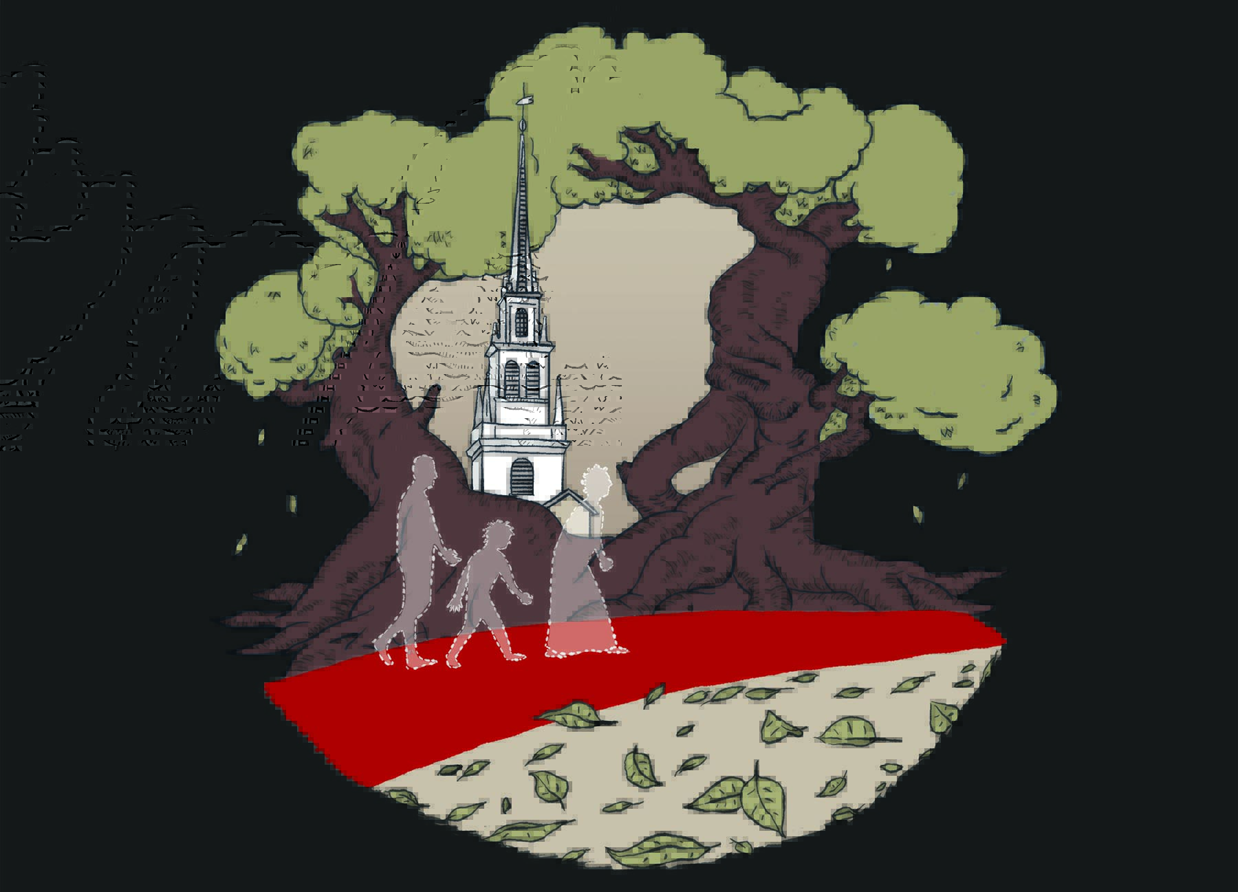 Sketch of three faceless figures walking on a red path among trees with the Old North Church steeple in the background.