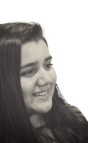 Black and white smiling side portrait