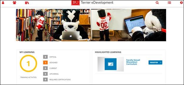 Screenshot of the BU Terrier E-Development dashboard. Multiple images of Rhett the BU Terrier Mascot in the library and then on a laptop doing his assignments. Page also highlights the "My Learning" section to see what tasks the user must complete