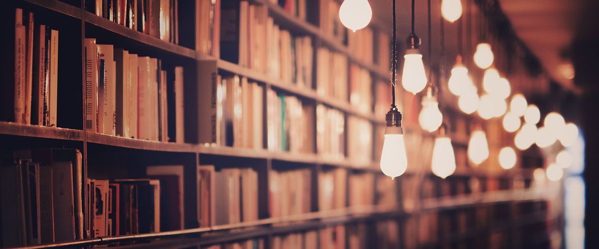Library with hanging bulbs in Paris, France