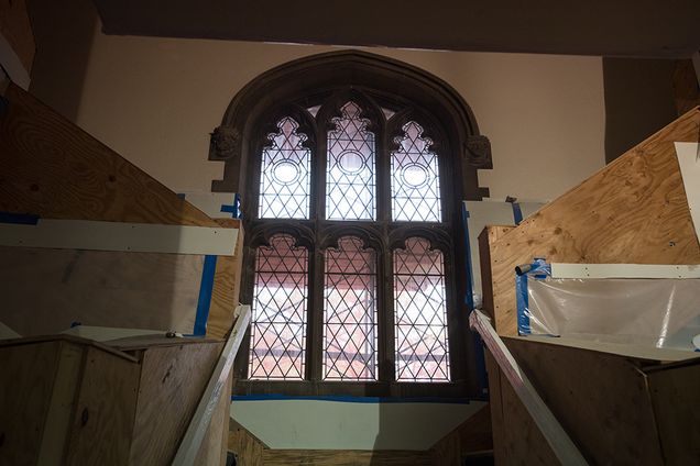 This is one of the building's centerpiece windows, which is being restored in place.