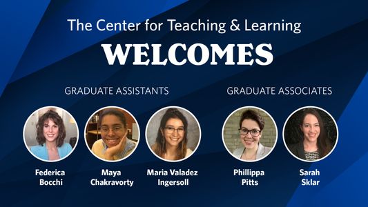 blue background with five small circles. Each circle contains a picture of one of our new CTL graduate assistants and associates.