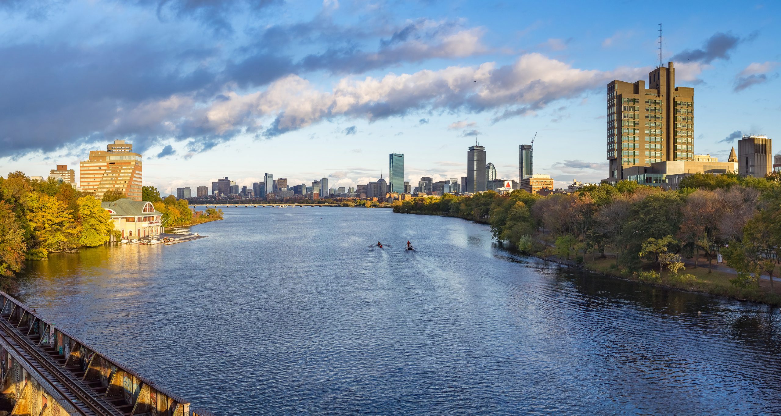 View of Charles River with the John Hancock building and BU Law Building being prominent