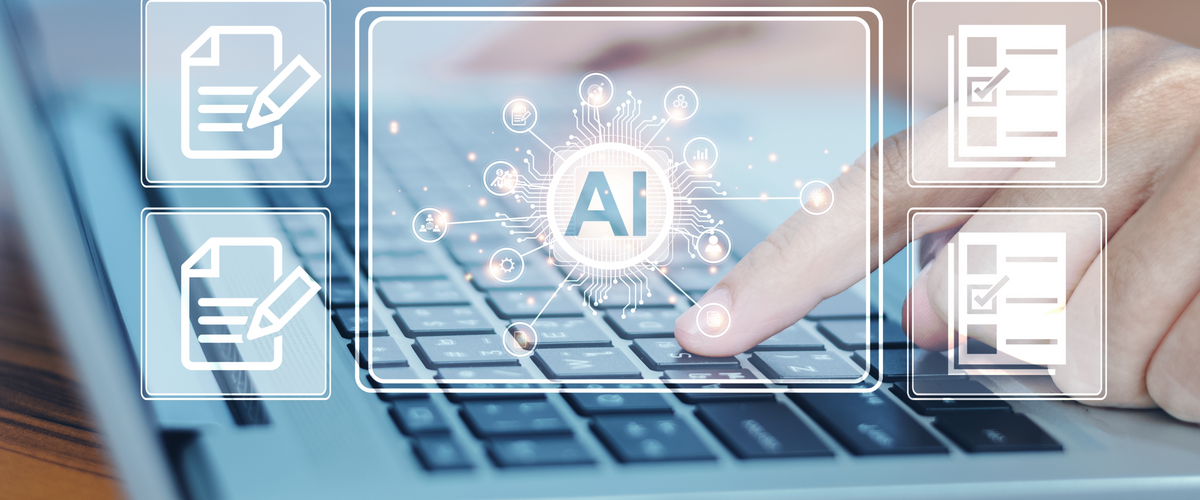 Finger on laptop keyboard with overlay of 'AI' and network lines