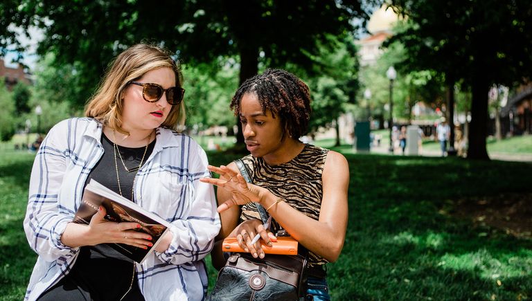 Two women having a discussion in the park