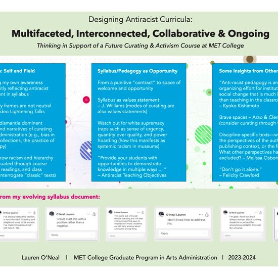 An infographic of a poster titled "Multifaceted, Interconnected, Collaborative & Ongoing Thinking in Support of a Future Curating & Activism Course at MET College