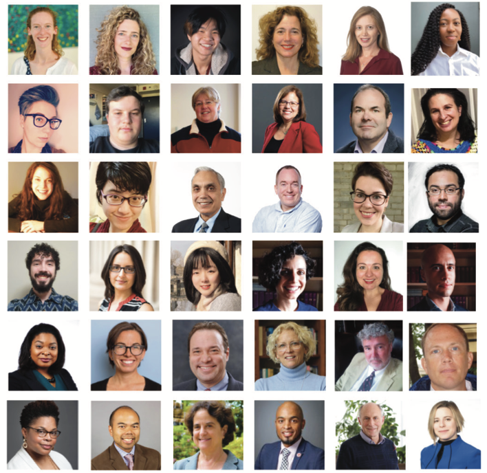 Headshots for 36 professors arranged in a square grid pattern