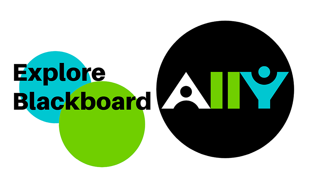 A green circle is layered on top of a blue circle. Over the circles, text reads "Explore Blackboard." To the right, a larger black circle contains the Blackboard Ally logo.