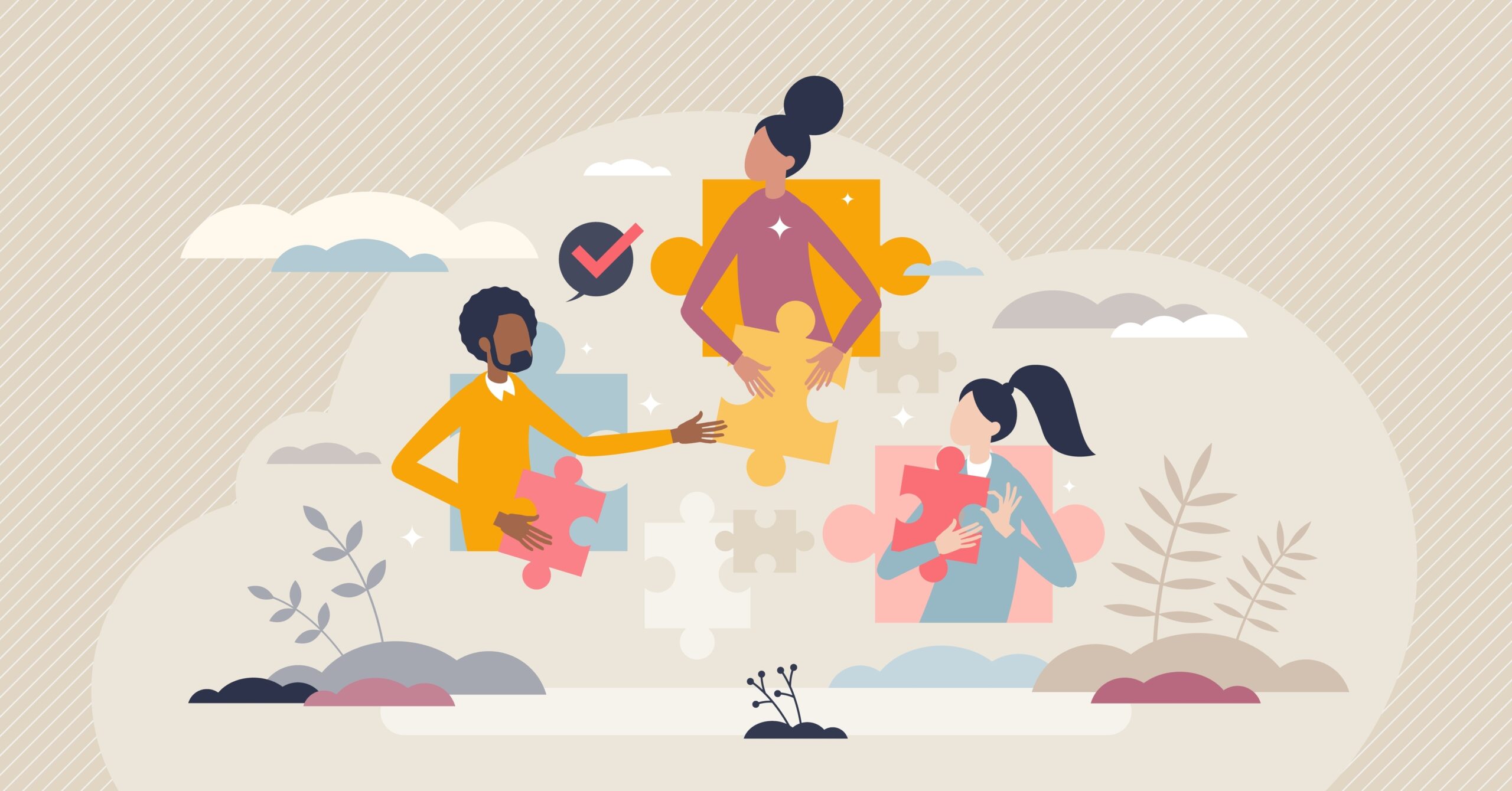 A graphic of three people drawn collaborating in a discussion all holding puzzle pieces