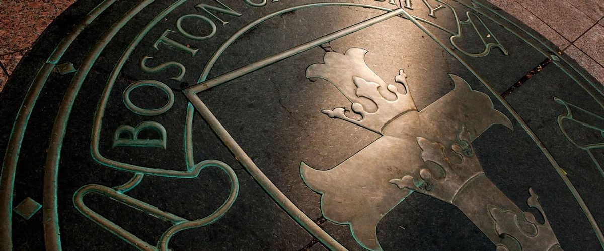 Boston University seal in Marsh Plaza