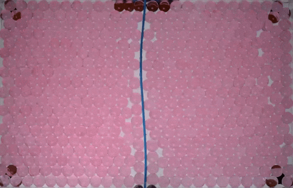 The beam and the beads' jamming points are linked. As more of the beam is pushed into the box, the beam and beads jam.