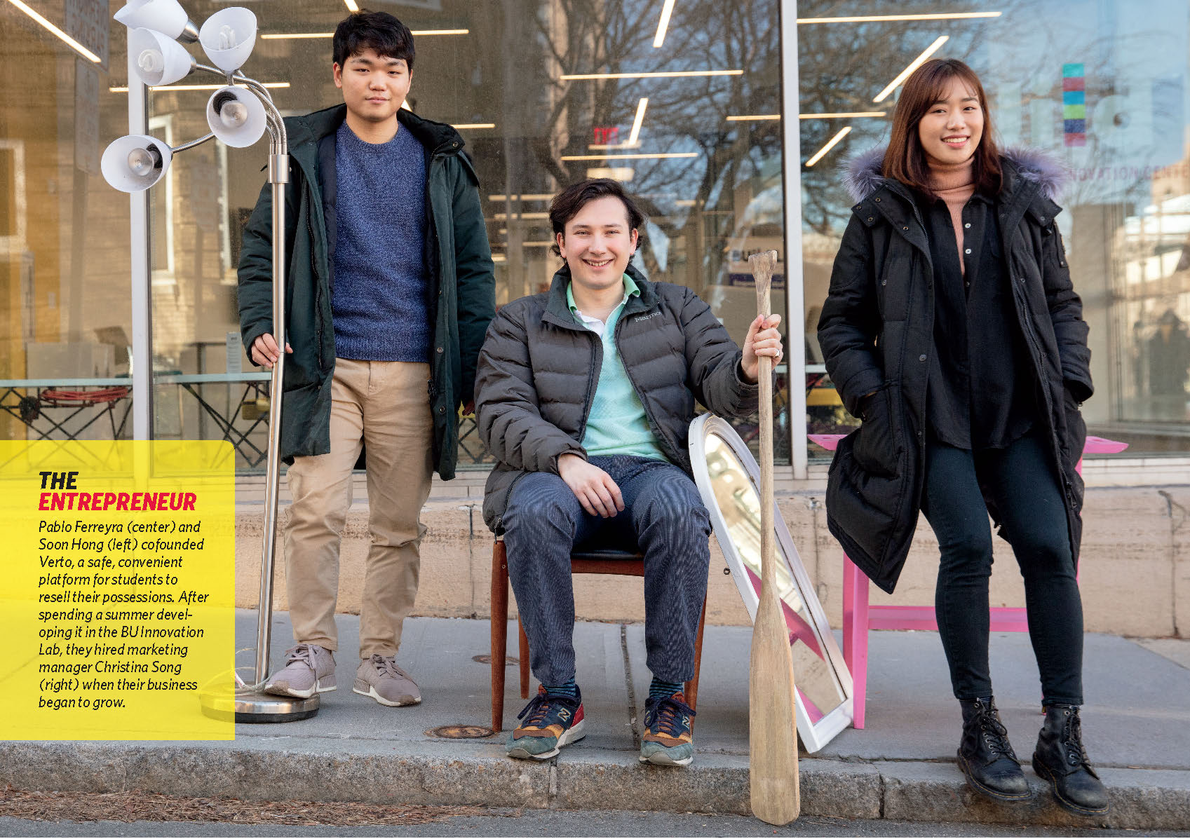 Pablo Ferreyra (center) and Soon Hong (left) cofounded Verto, a safe, convenient platform for students to resell their posessions. After spending a summer developing it in the BU Innovation Lab, they hired marketing manager Christina Soong (right) when their business began to grow.