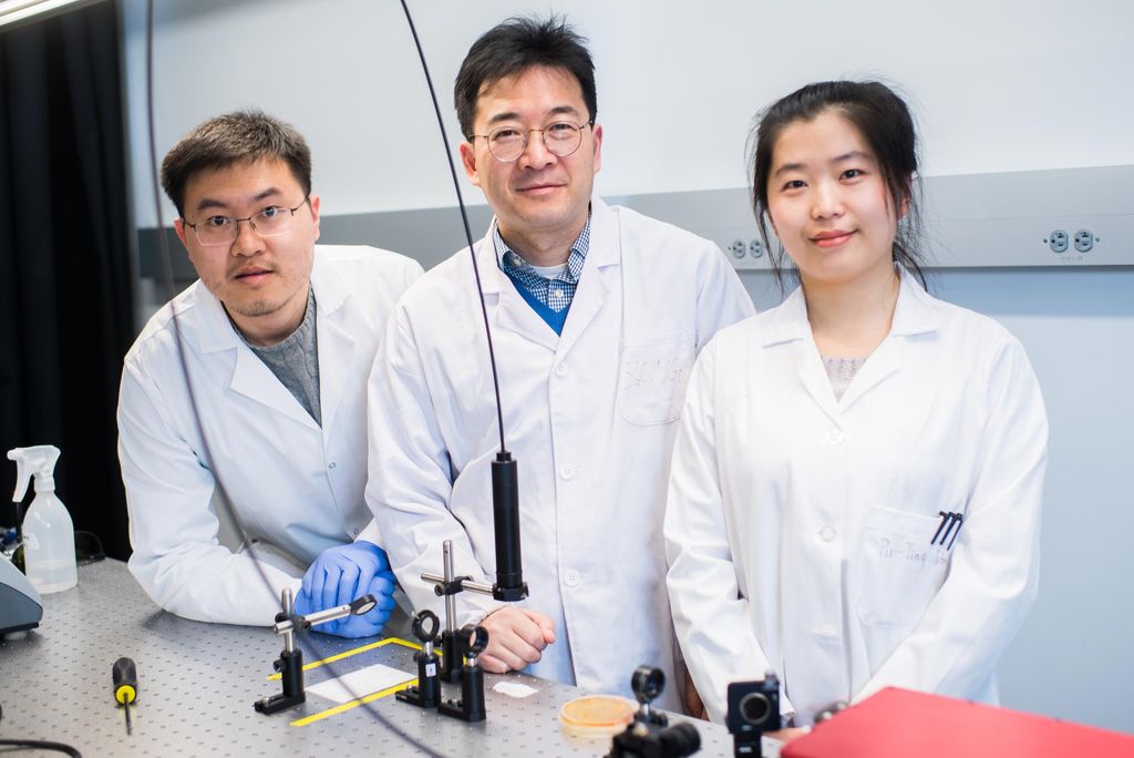 A photo of Jie Hui, Ji-Xin Cheng, and Pu-Ting Dong in the lab