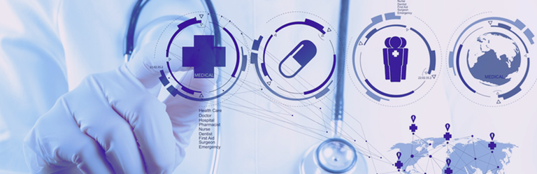 A banner showing a close-up of a doctor, whose gloved finger is reaching to press a button/icon in the foreground. There are four: showing a medical cross, a pill, glyphs of people with a medical cross, and a globe.