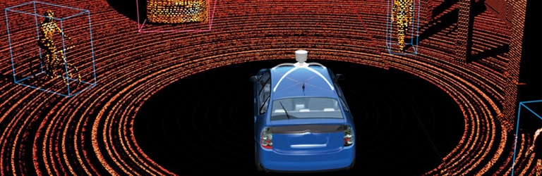 Banner showing an image of a car surrounded by rings and holographic images of a cyclist, another car, a pedestrian, etc.