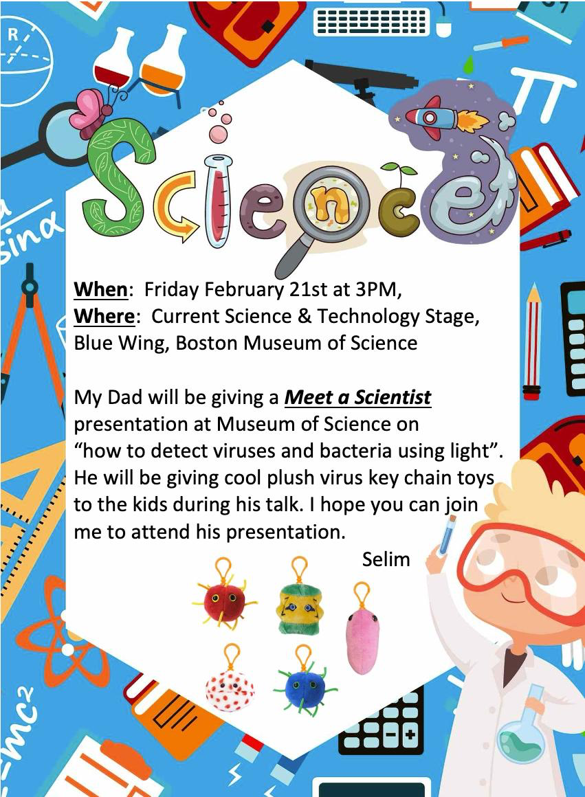 A brightly-colored, cartoony flyer titled "Science" and advertis在g Professor 斯莱姆Unlu's talk, with a note from his son.