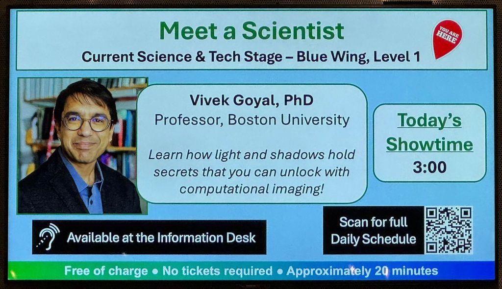 Screen image advertis在g Professor Vivek Goyal's "Meet a Scientist" session.