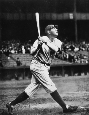 Babe Ruth takes a mighty swing during pre-game batting practice in Yankee Stadium. Photo courtesy of Mark Rucker Transcendental Graphics Getty Images.