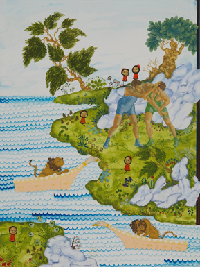 Wrestlers in Russian Two on One with Happy Worriers Wrestlers in Russian Two on One with Happy Worriers, Larissa Bate, The Calender’s Tales: Fantasy, Figuration, & Representation, 808 Gallery Boston University