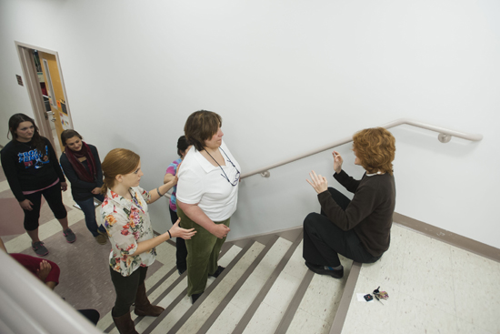 Mary Borrelli, physical therapy climbing stairs Mary Borrelli, Lincoln-Thompson Elementary School, English Language Learner ELL teacher, Boston University BU Sargent College intensive physical therapy treatment program for stroke survivors