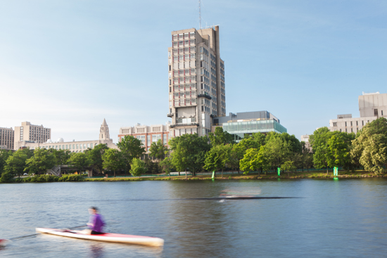 The School of Law tower dominates the landscape, but its new Sumner M. Redstone Building (attached to the tower’s right, above) will be the heart of legal education at BU. Photo by Conor Doherty