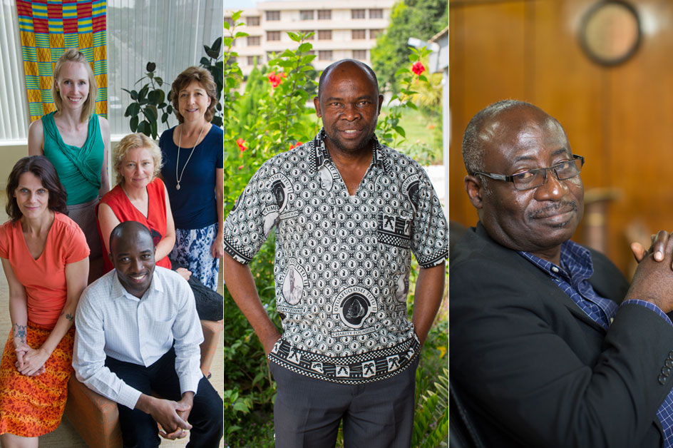 The School of Public Health team (left, clockwise from left): Jennifer Beard (SPH’06), program manager Ariel Falconer (SPH’15), Lisa Messersmith, coinvestigator Lora Sabin, and research fellow Paul Ashigbie (SPH’17); KNUST coinvestigator Thomas Agyarko-Poku (center); and co–principal investigator Yaw “Sax” Adu-Sarkodie (right). Photos by Cydney Scott (left) and Nana Kofi Acquah (center and right)