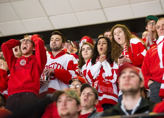 BU fans react to a close call during Saturday night's NCAA Frozen Four Championship Game at TD Garden. Photo by Cydney Scott