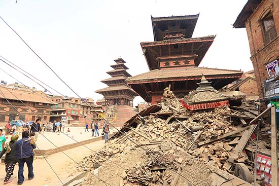 On April 25, 2015, a 7.8 magnitude earthquake struck Nepal, killing thousands. This view shows Kathmandu’s Durbar Square before and after the earthquake, from opposite sides of the plaza.