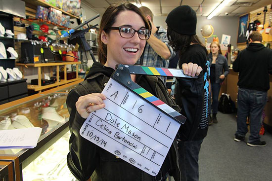 Pals & Friends cast member Cassie D’Agostino (COM’16) takes a break during a location shoot in Lynn, Mass.