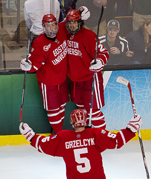 Jack Eichel (CGS'16) celebrates his final point scored in the final second of Thursday night's 2015 Men's Frozen Four National Championships at TD Garden against North Dakota. Photo by Jackie Ricciardi