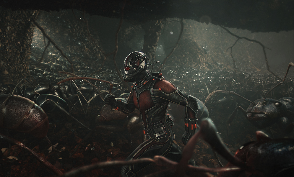 Ant Man running with a colony of ants in the 2015 Ant Man movie