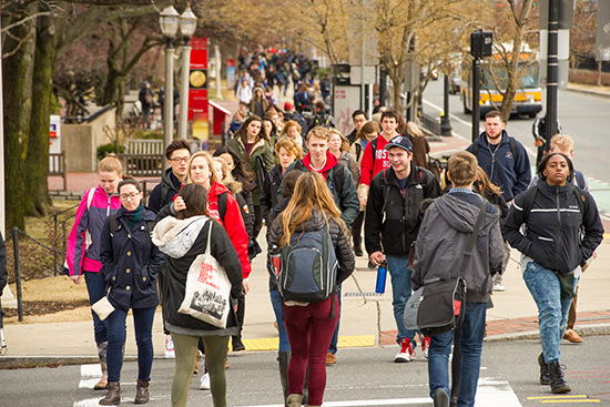 Boston University students walking along Commonwealth Ave, Charles River Campus