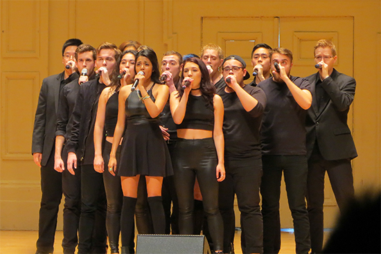 The BU Bostones brought down the house at the ICCA semifinals at Symphony Hall April 17, and are competing to the finals in NYC on April 30. Photo by Roe Osborn