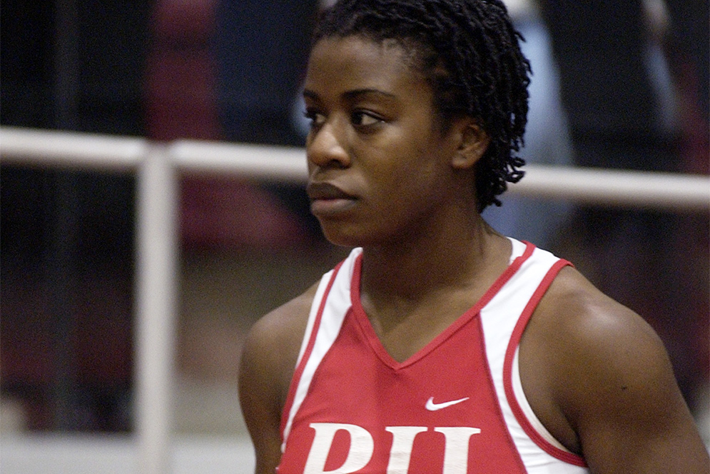 Actress Uzo Aduba as Boston University student and track and field athlete during a 2002 track meet