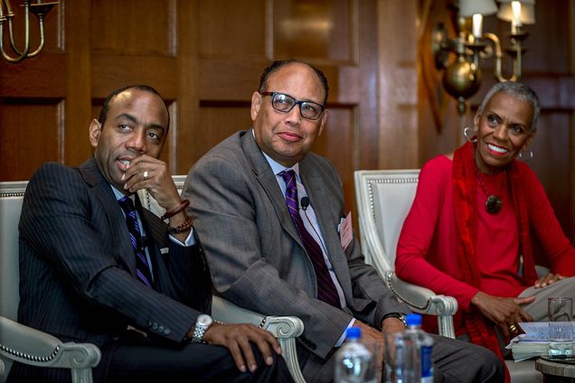 Photo of Cornell William Brooks (STH’87, Hon.’15), Richard L. Taylor (COM’71), Andrea L. Taylor (COM’68)