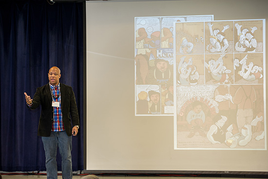 oel Christian 吉尔 (CFA’04) speaks at African American Storytelling in Sequential Art