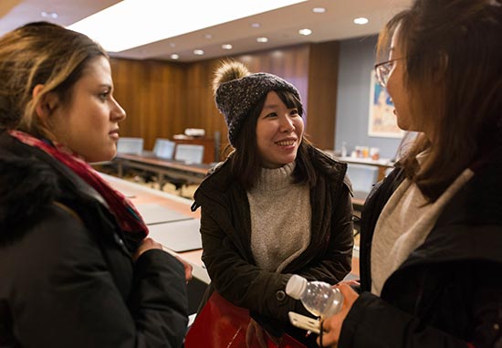 Andreina Dezzeo, Elaine Kuo, and Daphne Shen attend the Boston University School of Hospitality Administration Master of Management in Hospitality open house