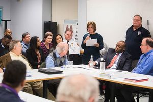 Gloria Waters, Vice President and Associate Provost for Research at Boston University, speaks during a meeting of the Boston Biosafety Committee to consider a request by Boston University National Emerging Infectious Diseases Laboratories (NEIDL) for permission to conduct Biosafety Level 4 research at the facility