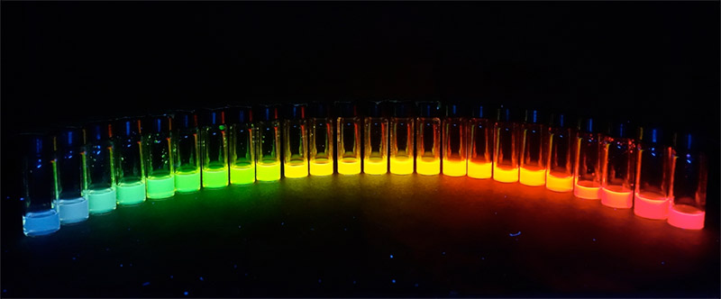 Quantum dots glow different colors under UV light depending on their size. Dennis and her colleagues are developing dots that will respond to deep red and near-infrared light—same idea, not as pretty.
