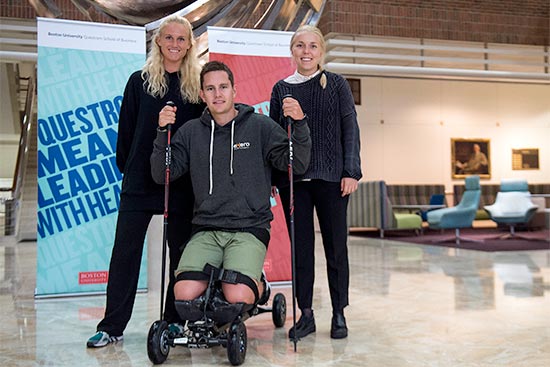 Exero Technologies team members enrolled in the Norway Entrepreneurship Program at Questrom School of Business pose with the Exero Spike sled product they developed